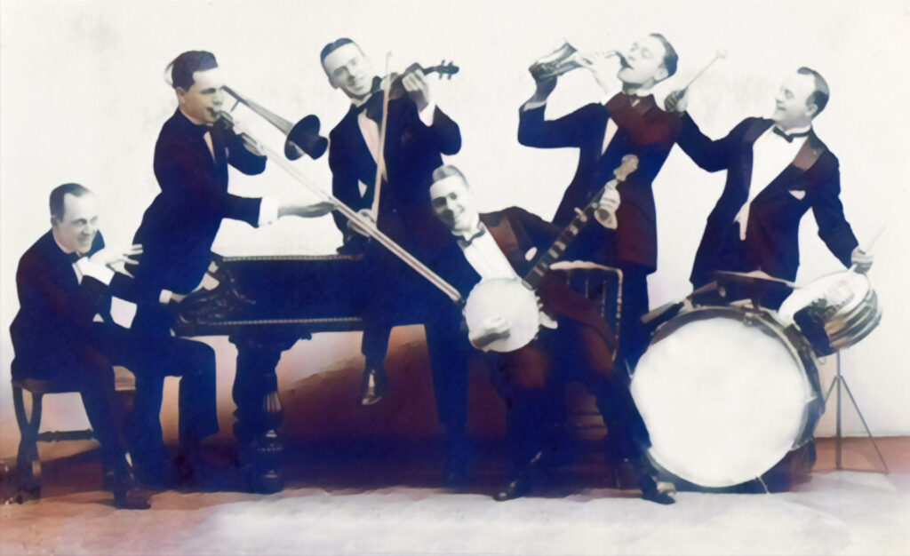 A stylized photo of six members of a 1920s ragtime band