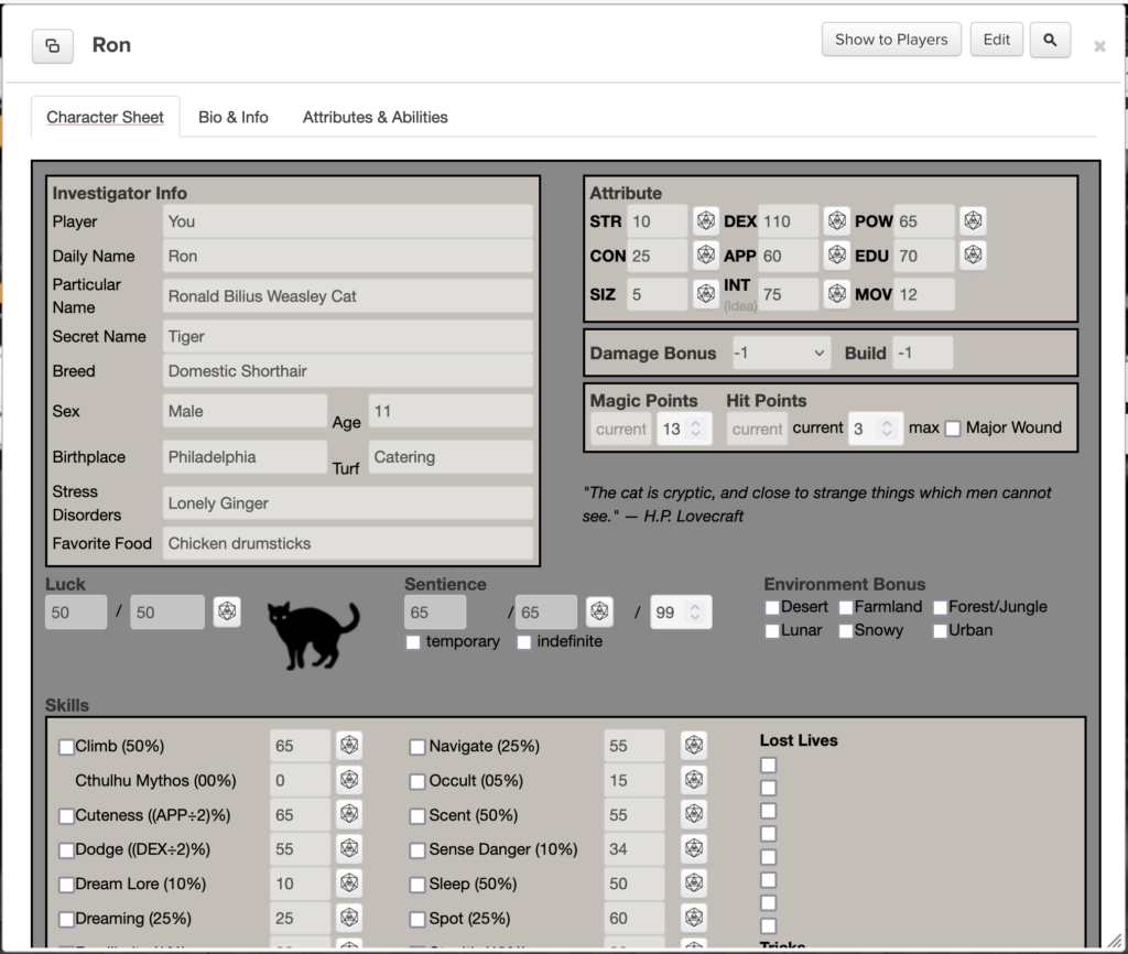 A sample character sheet for the role playing game Cathulhu as played on the Roll20 online tabletop roleplaying game