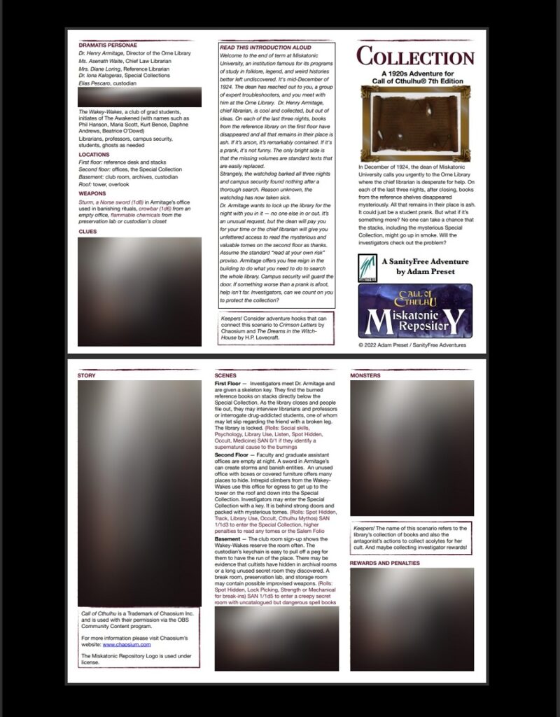 A redacted preview of a two-page Call of Cthulhu adventure