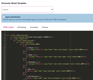 A Roll20 game settings screen for custom a custom character sheet using HTML and CSS..