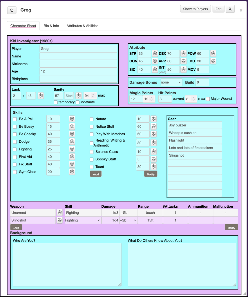 A character sheet for Call of Kid-thulhu games on Roll20