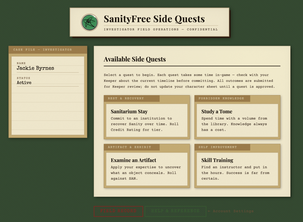 A player / investigator screen in the SanityFree Side Quests app.